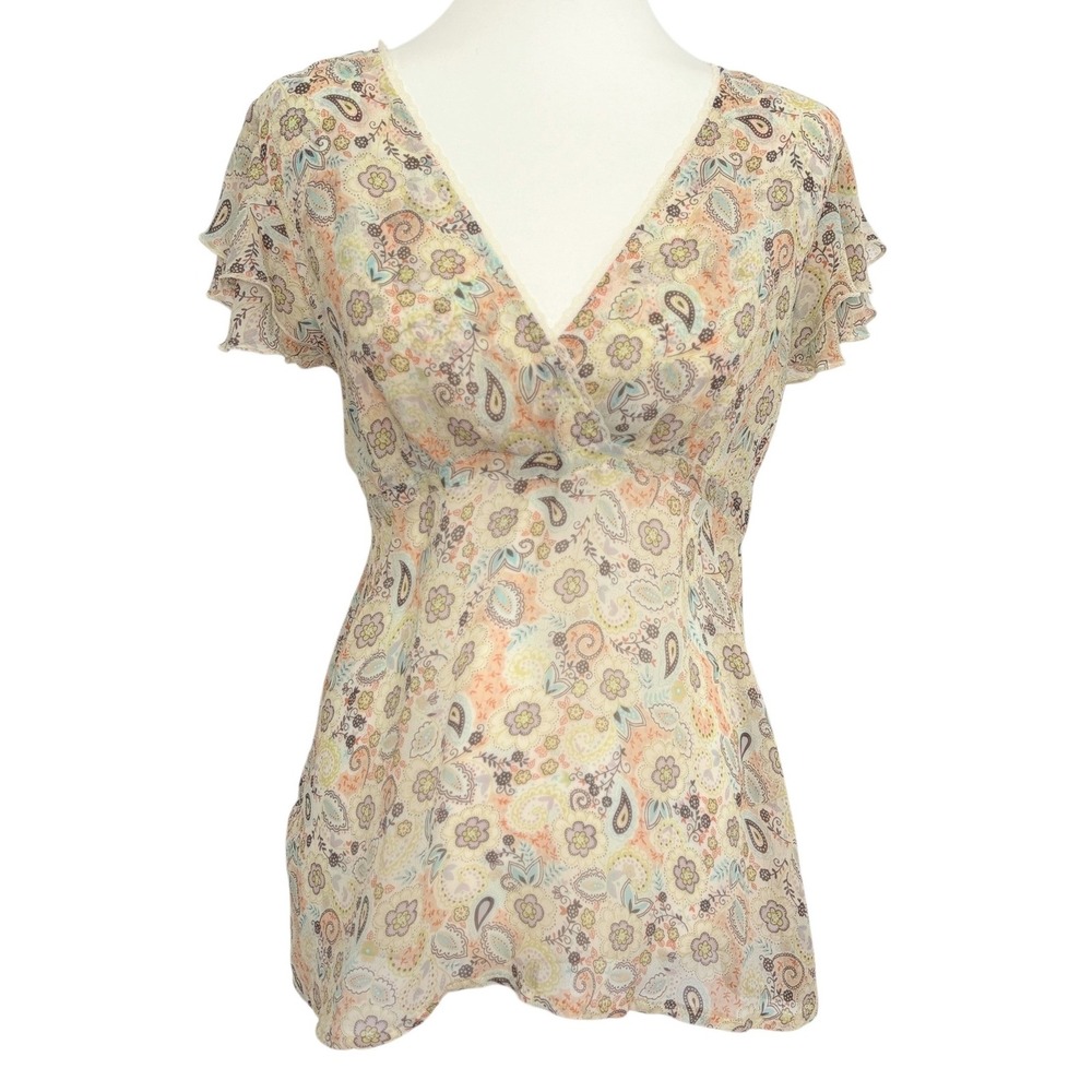 VTG y2k H&M Sheer Paisley Print V Neck Flutter Sleeve Blouse Top Size 10